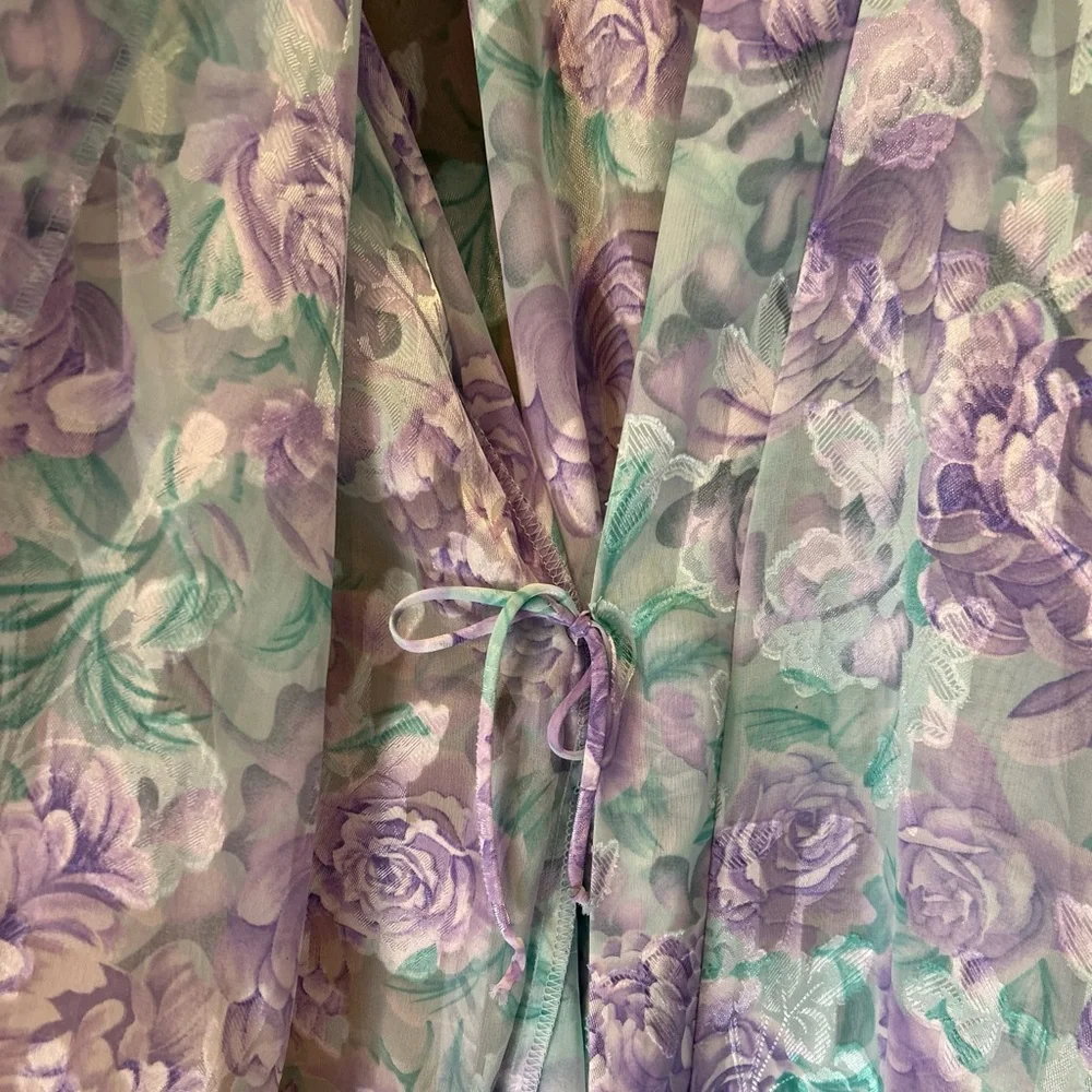 Vtg LA Intimates Robe Large Purple Green Floral Sheer Kimono Cottagecore 80s 90s